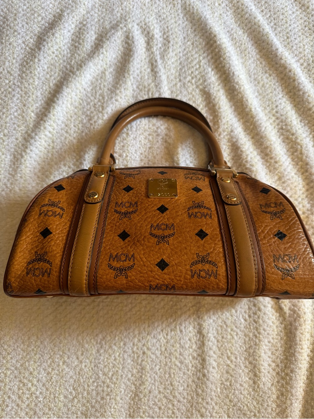 MCM Cognac Logo Visetos Dome Satchel with Gold Plaque